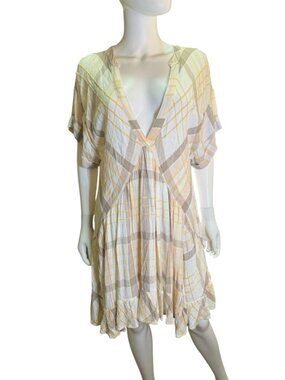 Free People Agnes Plaid Mini V Neck Printed Short Sleeve Ruffle Boho Dress M Euc